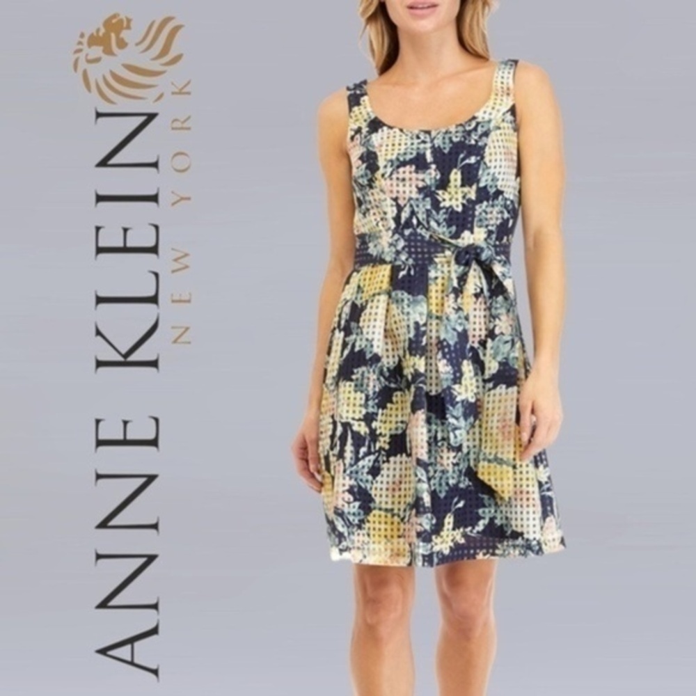ANNE KLEIN Printed-Check-Organza Scoop Neck-Back Belted Fit & Flare Dress NWT
